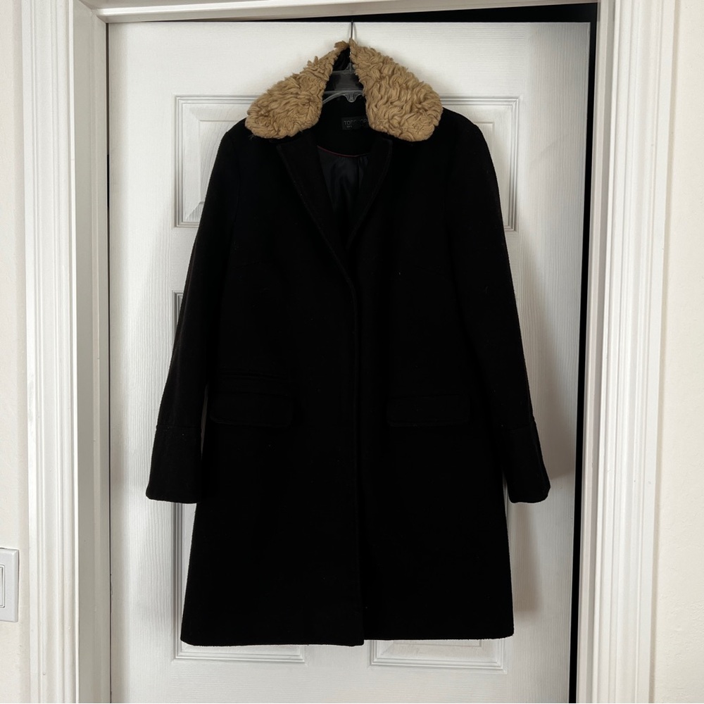 Topshop Black Long Winter Coat with Faux Fur Collar Lining